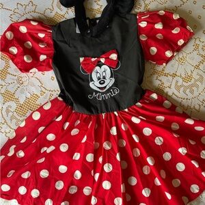Vintage Disney Minnie Mouse Red and Black Polka Dot Dress with Minnie Ears Headb
